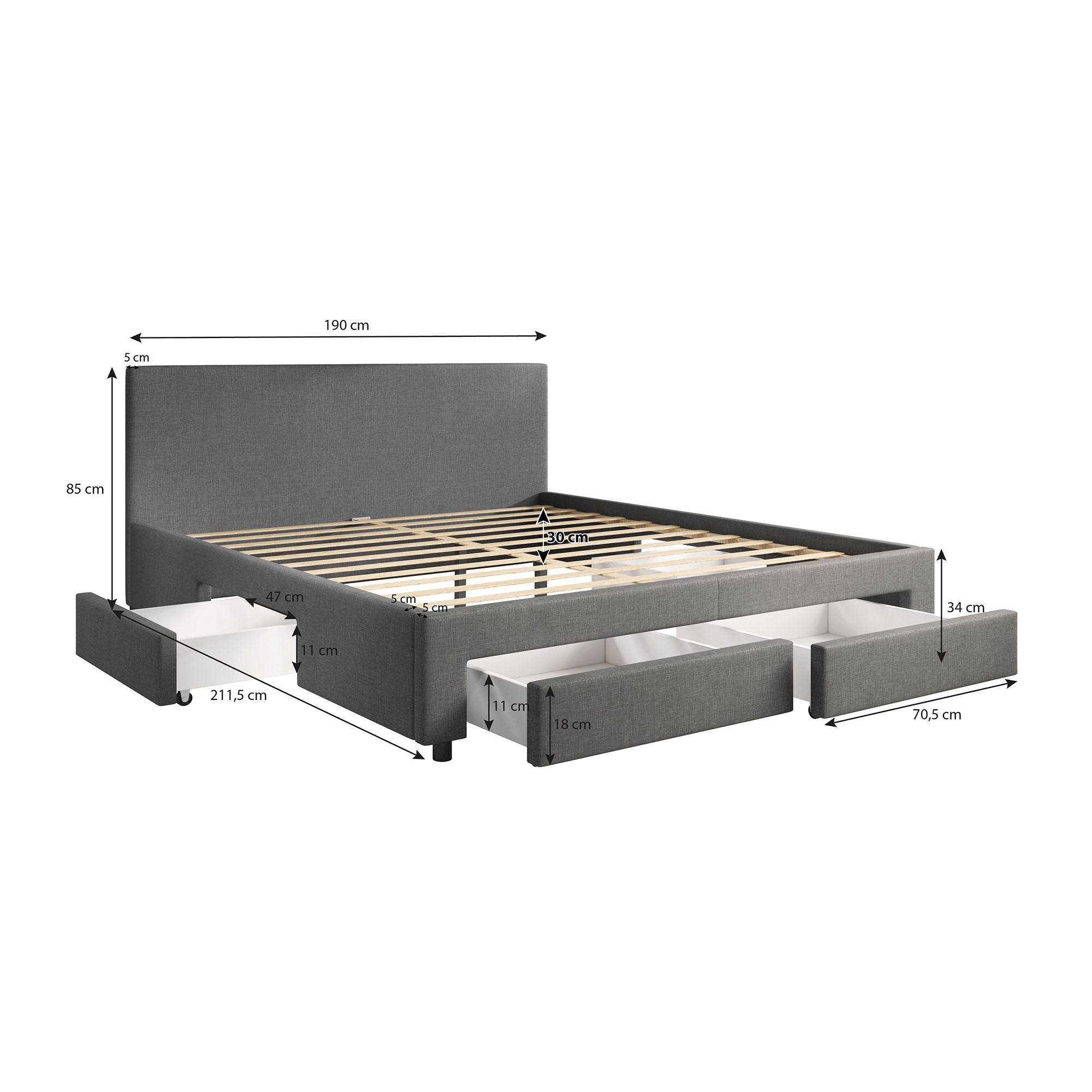 Suente - Tweepersoonsbed met 4 lades - Stof grijs - 180x200 cm