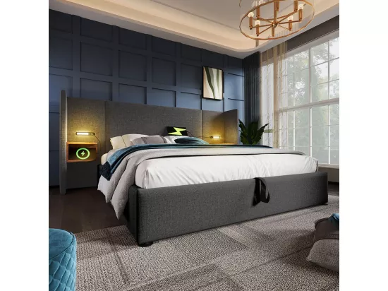 Lit double capitonné (180 x 200) avec tête de lit, liseuse et chargeur USB Type-C, cadre en bois massif et métal, gris, lin (matelas non inclus).