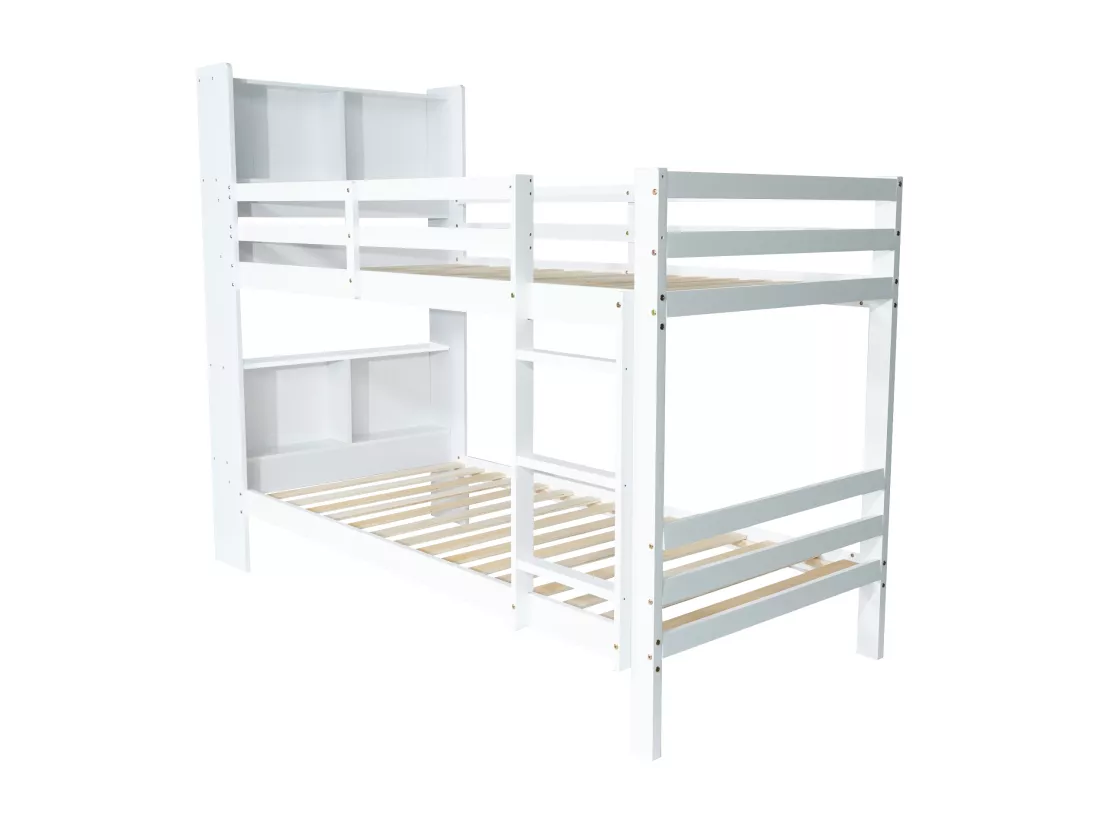 Lit superposé avec tête de lit rangement - 2 x 90 x 200 cm - bois massif - coloris blanc