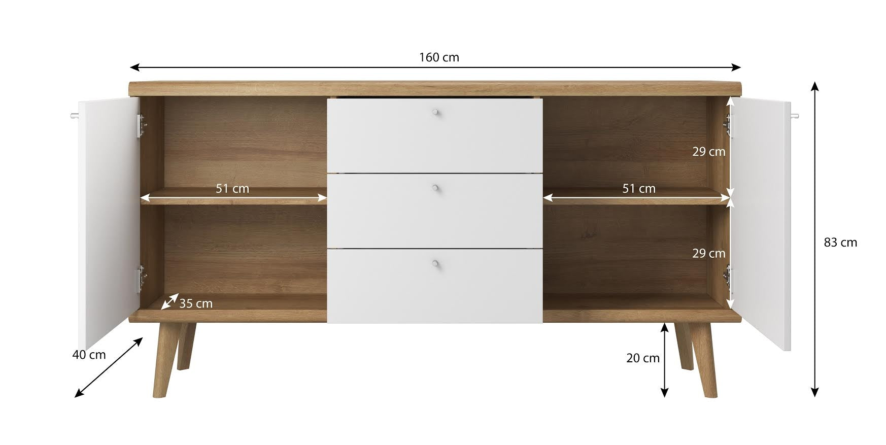 Primavera - Dressoir - Wit/licht eiken - 160x40x83 cm