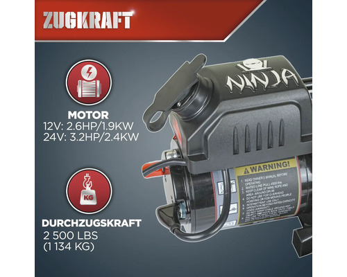Warrior NINJA 2500LB A / 1,1 t 12 V elektrische lier met synthetisch touw