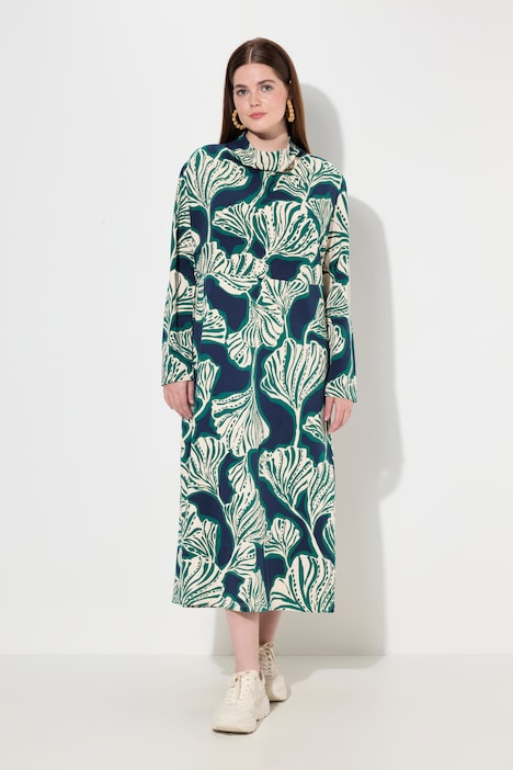 Maxi-Sweatkleid, Blätter, Wasserfall-Ausschnitt, Langarm