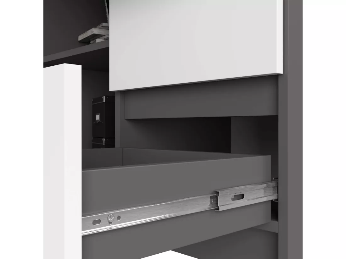 Bureau AKORD d'angle droit B16 Gris Graphite 124 cm 3 tiroirs façade Blanche 2 étagères 124x85x77 cm
