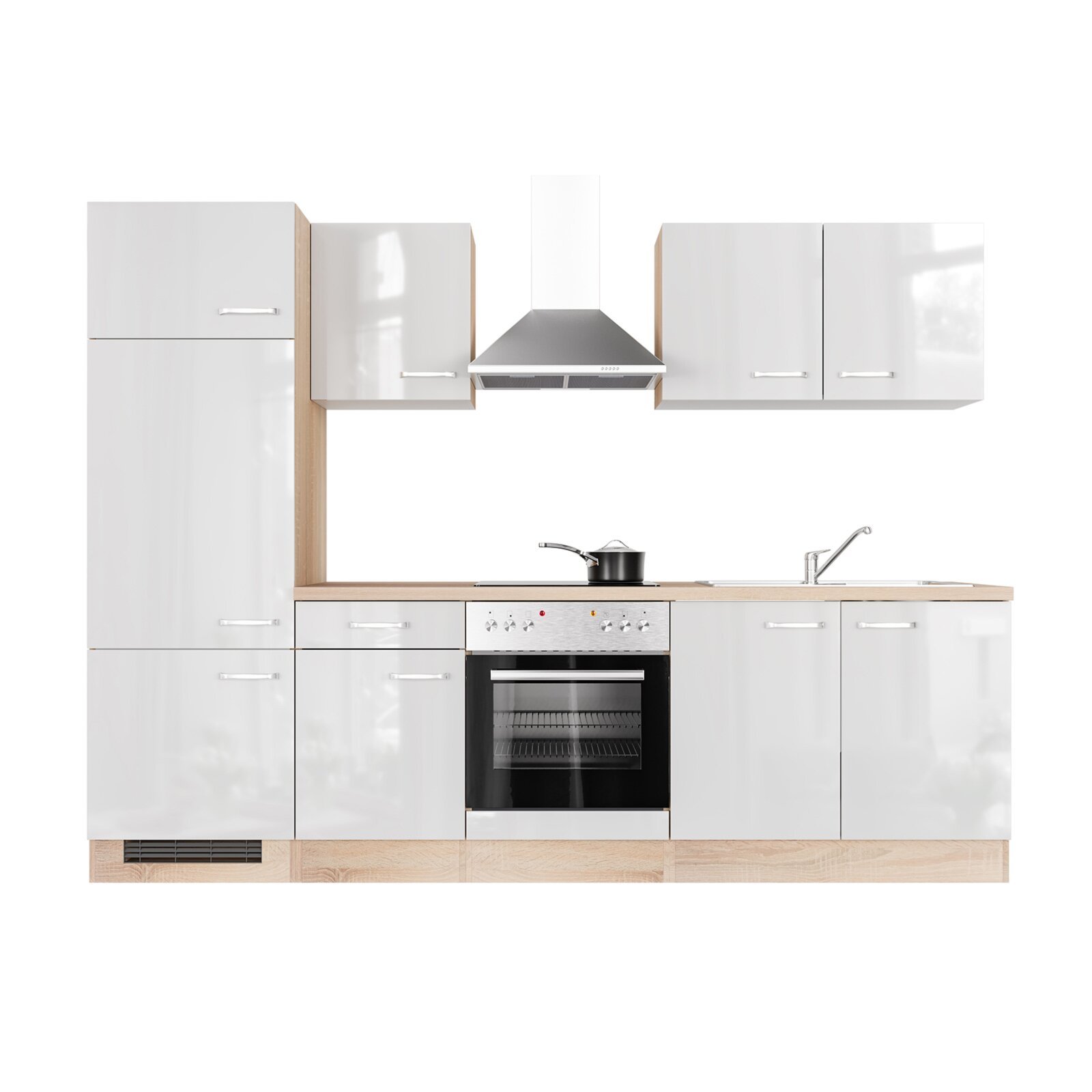 Küchenblock VALERO - weiß Hochglanz - Sonoma Eiche - mit E-Geräten- 270 cm