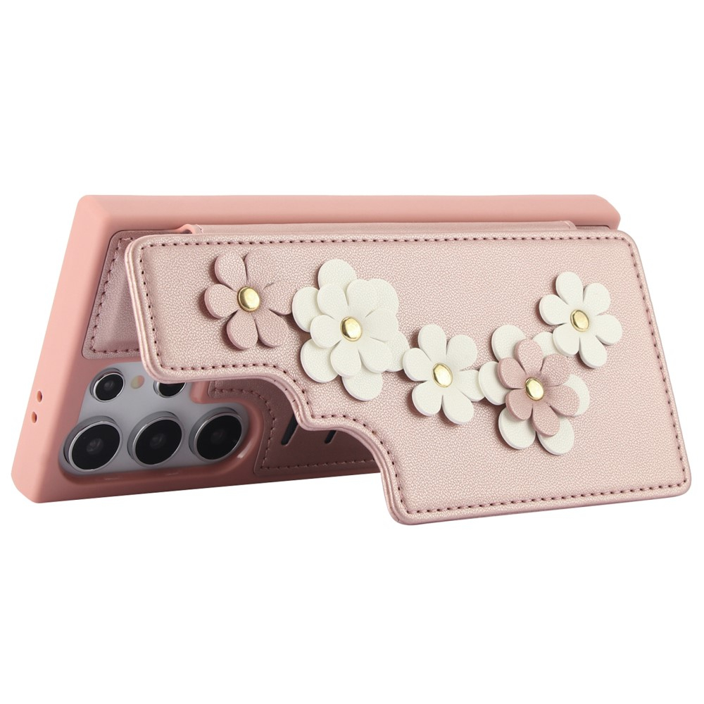Samsung Galaxy S25 Ultra Necklace Leder Schutz Hülle mit Kartenfächer Blumen   Handykette (140cm) - Roségold