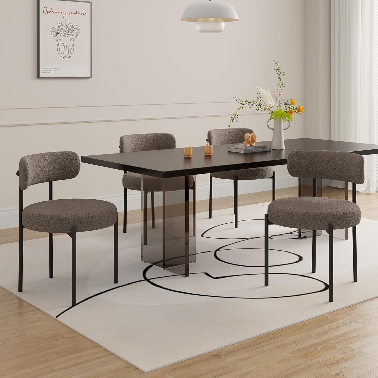 Esszimmerstühle 4er Set丨Teddy Stoff Runde Boucle Stühle·Mid-Century gepolsterte Küchenstühle·Dining Chairs mit Metallbeinen·Grau