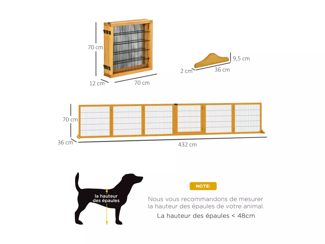 Barrière de sécurité parc enclos chien modulable pliable porte verrouillable intégrée 5 panneaux grillage acier noir bois de pin verni