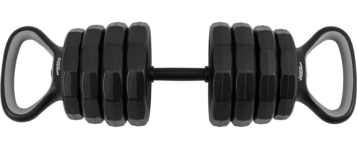 Miweba Sports 6in1-Hantelset, Kurzhanteln-Langhantel-Kettlebell, 25 kg, verstellbar, Sternverschluss