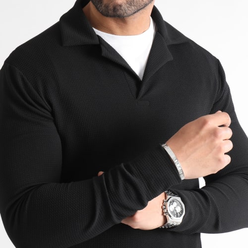 Pull Col Polo Texturé Waffle 0598 Noir