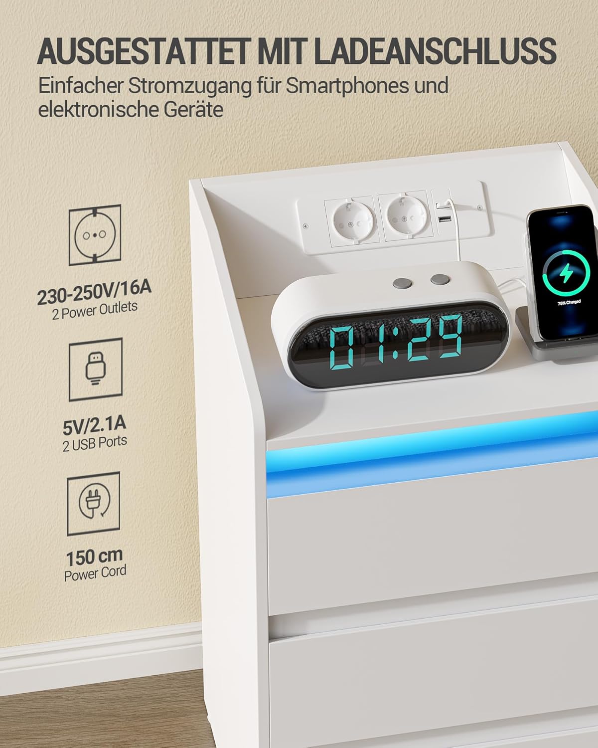 Hzuaneri Nachttisch 2er Set mit 3 Schubladen, Beistelltisch mit Ladestation und LED, 2 AC-Steckdosenund 2 USB-Anschlüsse für Schlafzimmer, Wohnzimmer, Weiß NS40103X