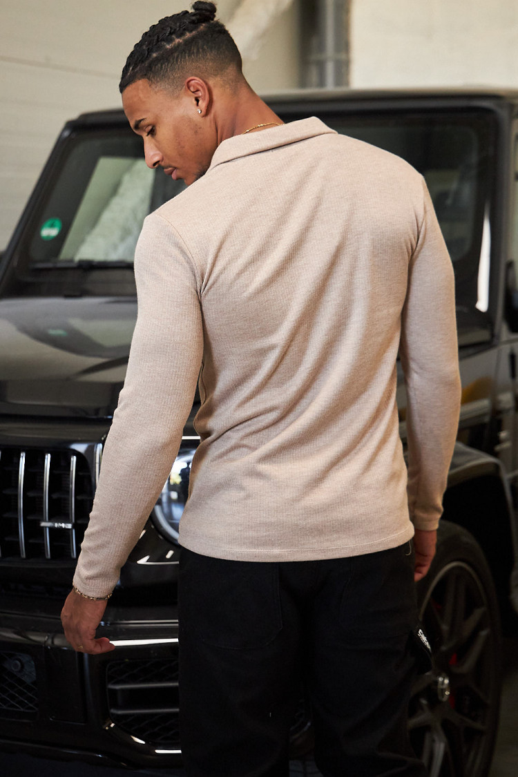 Pull col v beige côtelé