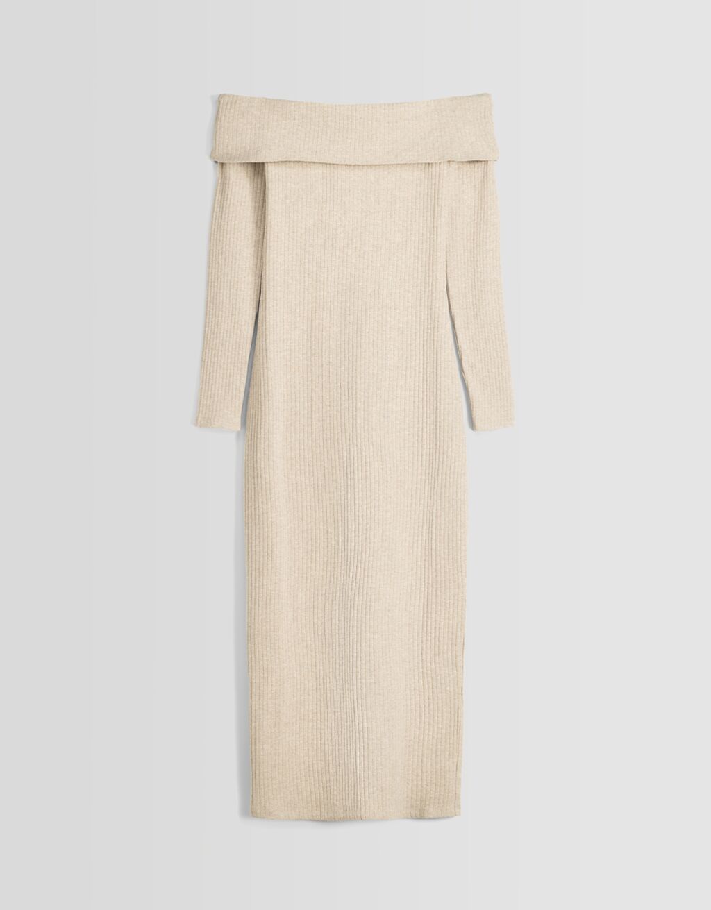 Vestido longo de tricô estilo bardot com mangas compridas