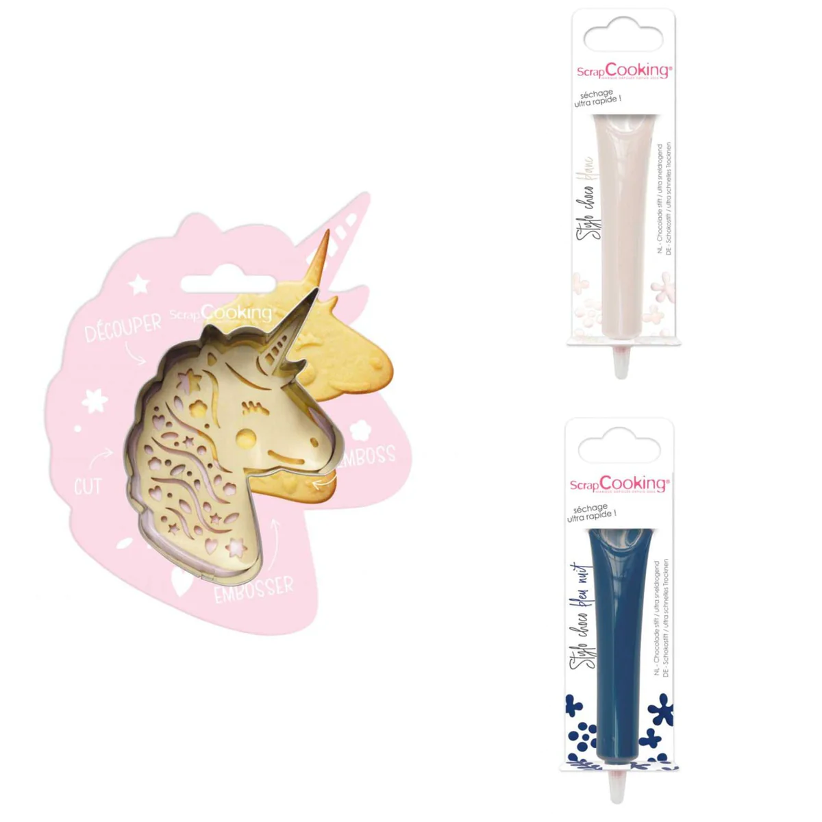 Kit pour biscuit en relief Licorne + 2 Stylos au chocolat blanc et ble