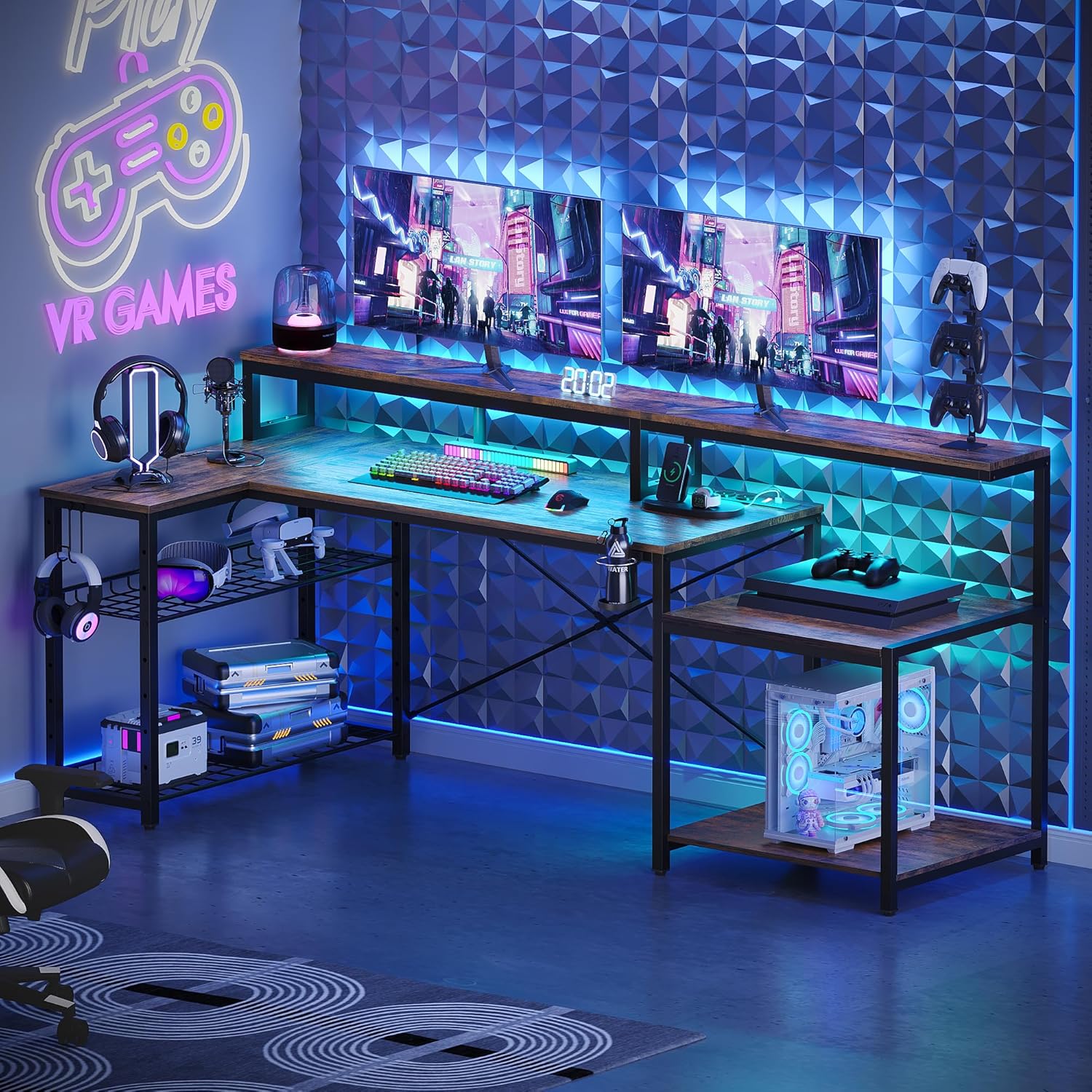 Bestier Gaming Tisch, 181x80 cm Schreibtisch mit LED-Leuchten, L-förmiger Schreibtische mit 3 AC-Steckdosen und 2 USB Ladeanschluss, Computertisch mit großzügiger Monitorablage, Kohlefaser