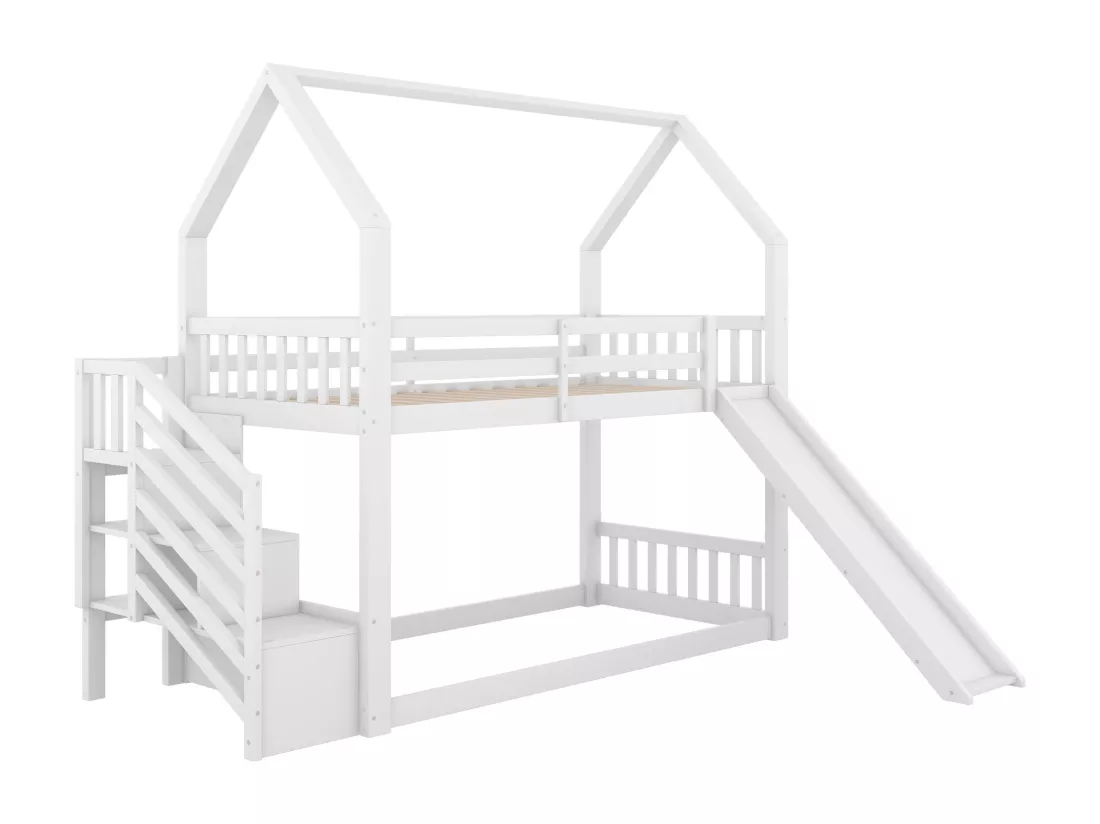 Lit superposé 90x200cm en bois - avec barrières + escalier de rangement + toboggan - Blanc