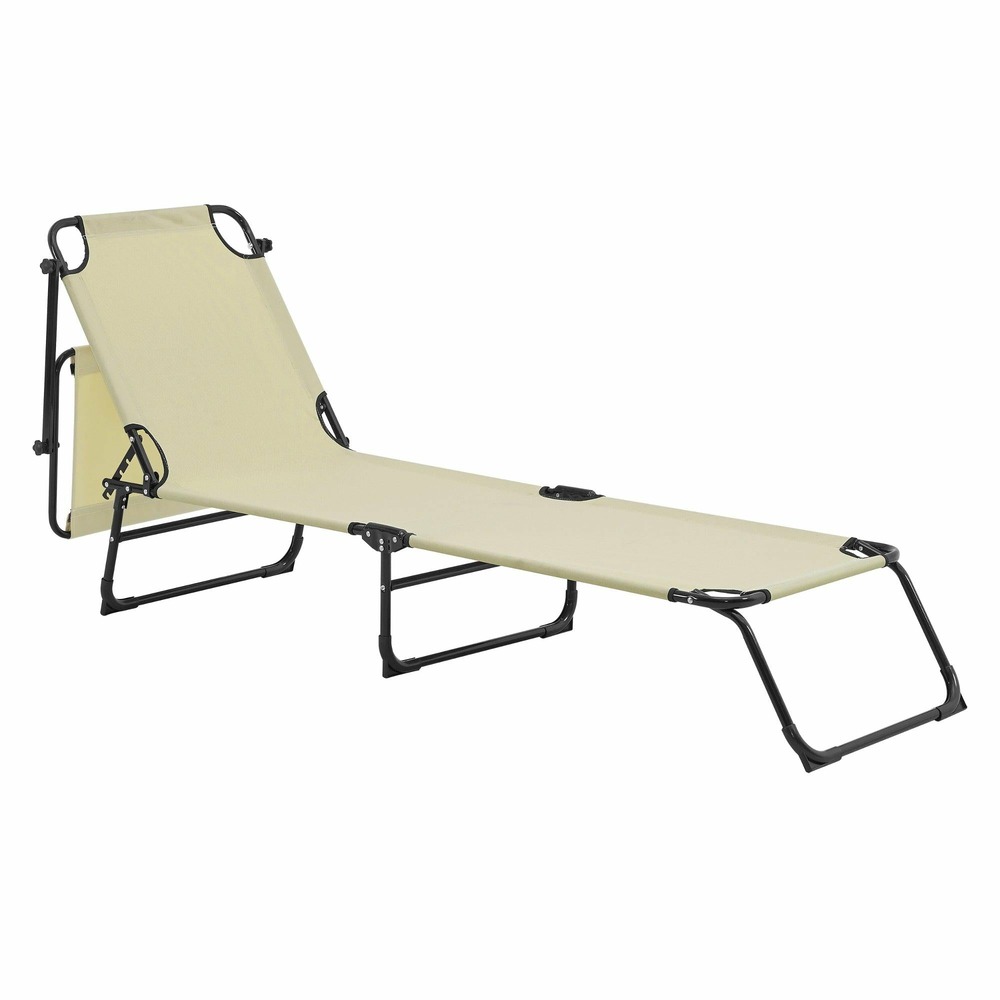 Bain de soleil transat chaise longue pliable avec pare-soleil acier pvc polyester 187 cm crème