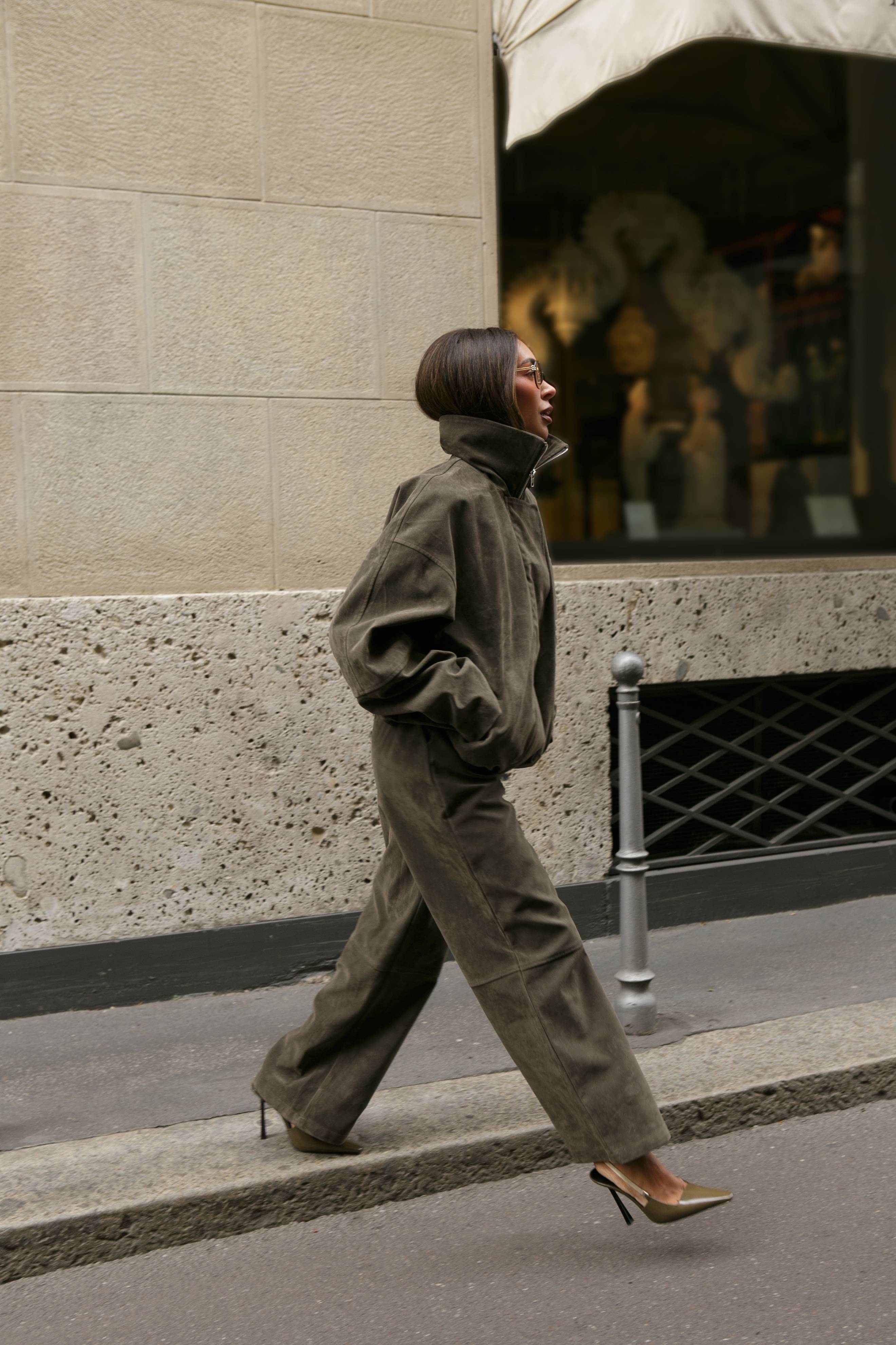 Kaki Pantalon Droit En Synthétique