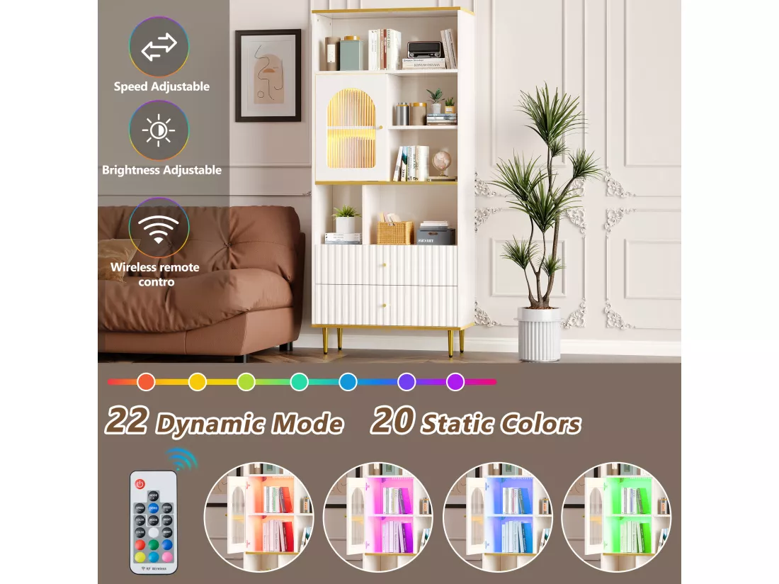 Vitrine H 190cm avec LED - 5 compartiments ouverts et 2 tiroirs - Blanc