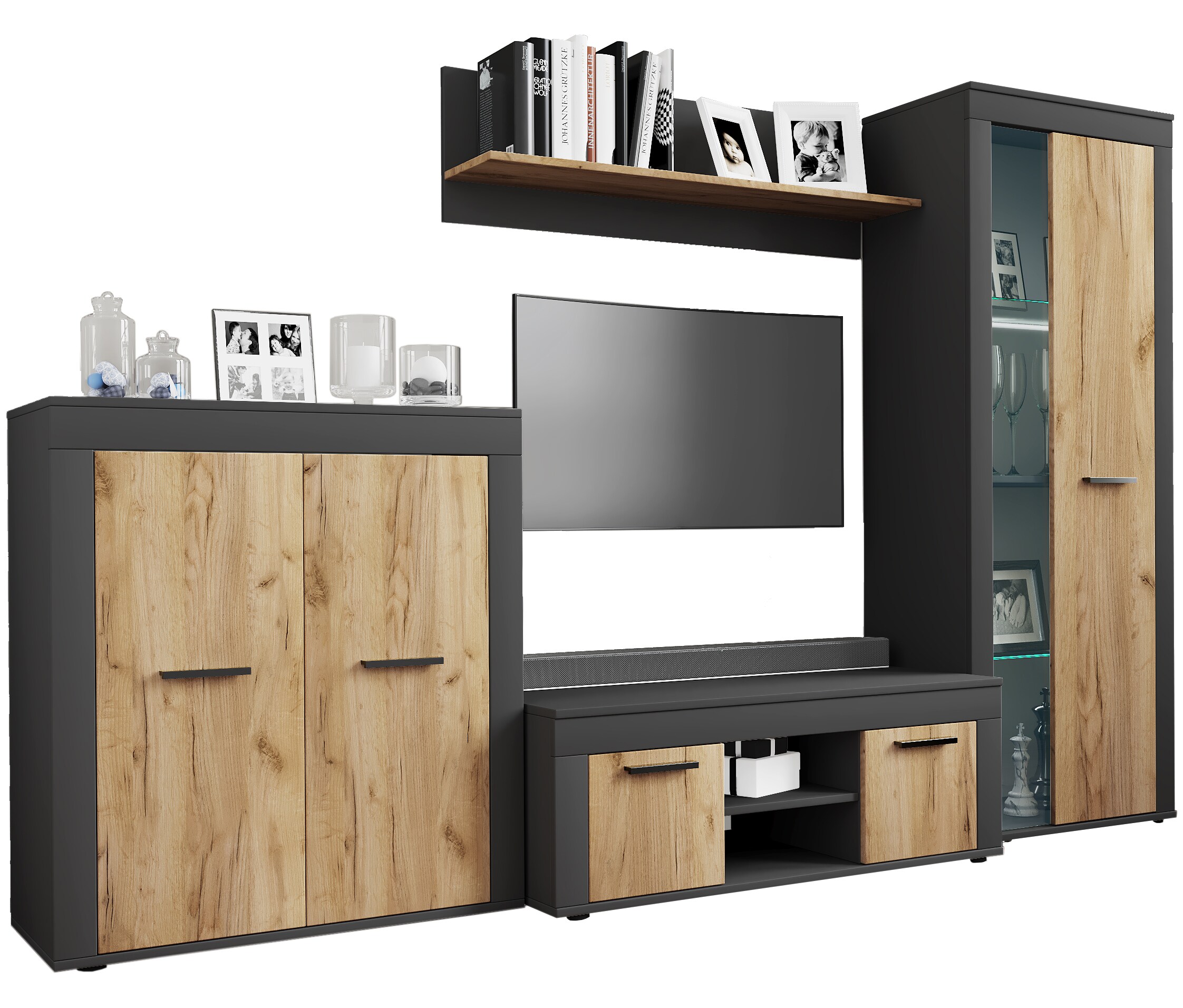 VCM 4-tlg. TV Lowboard Fernsehschrank Schrankwand Wohnzimmer Anbauwand Wohnwand Usilo L