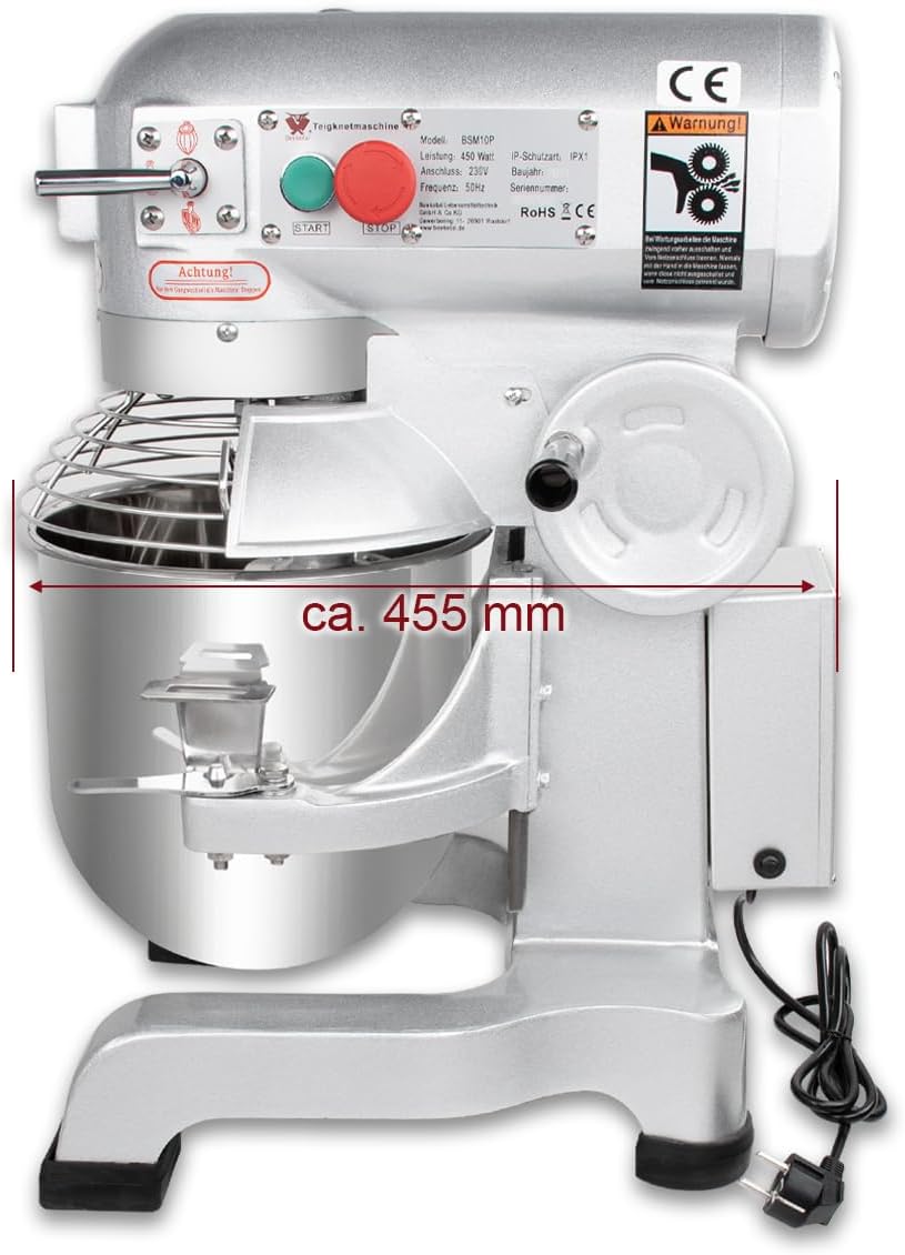 Beeketal 'BSM10P' Profi Teigknetmaschine mit Planetenrührwerk 10 Liter Kapazität (3 Stufen 105, 170, 340 U/min), Knetmaschine inkl. Knethaken, Schneebesen und Flachrührer - silber lackiert