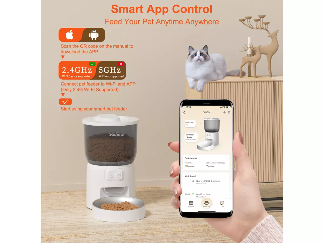 Balimo 3L Distributeur Croquettes Chat Automatique 2.4G WiFi, 1-10 Repas par Jour, Blanc