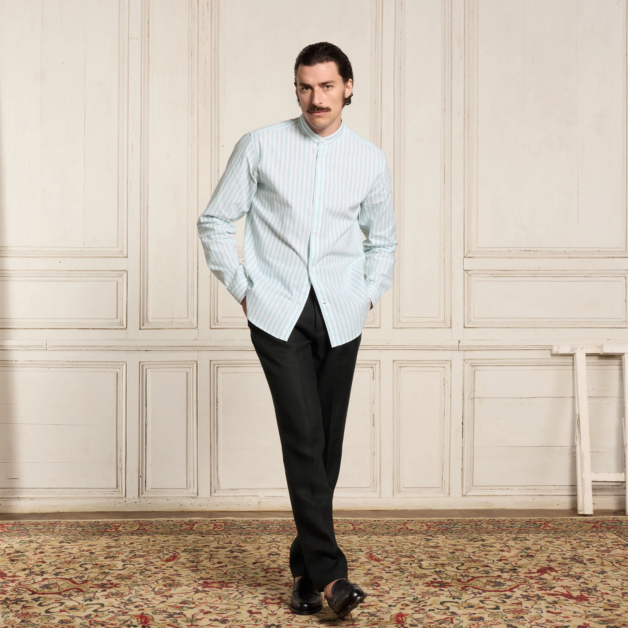 Turquoise striped cotton and linen shirt