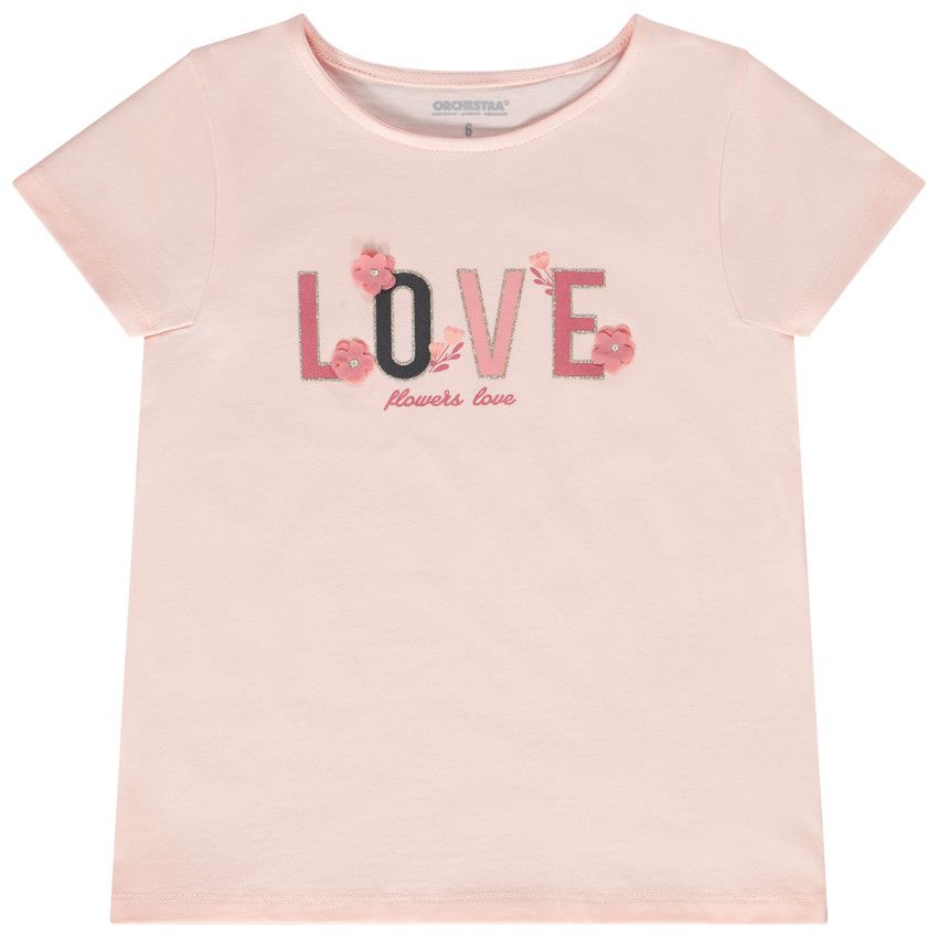 T-shirt manches courtes print et pétales de fleurs 3D pour fille - Multicolore