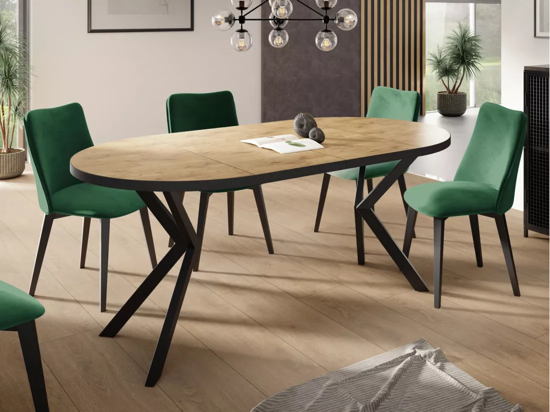Table Ronde à Rallonges Pour La Salle à Manger - 120/196 Cm - Table Avec Pieds En Métal Noir - Compacte - Chêne Lancelot