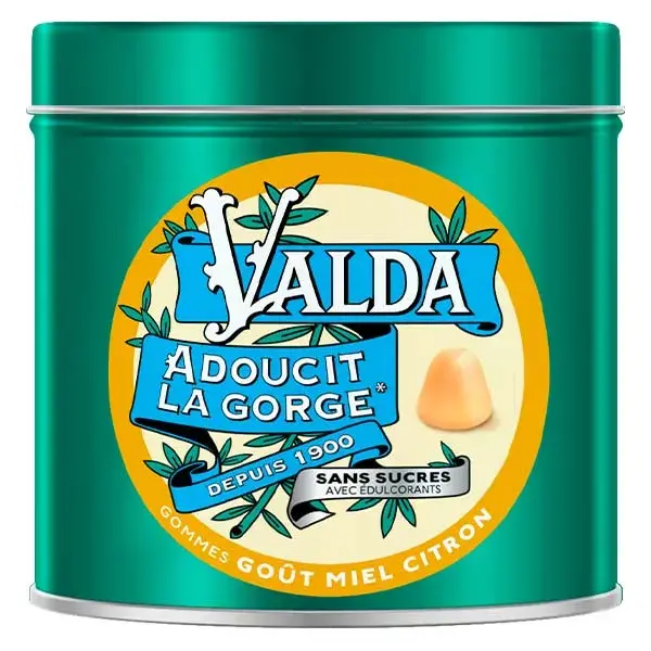 Gomas de mascar Valda para aliviar a garganta, sabor mel e limão, sem açúcar, 140g