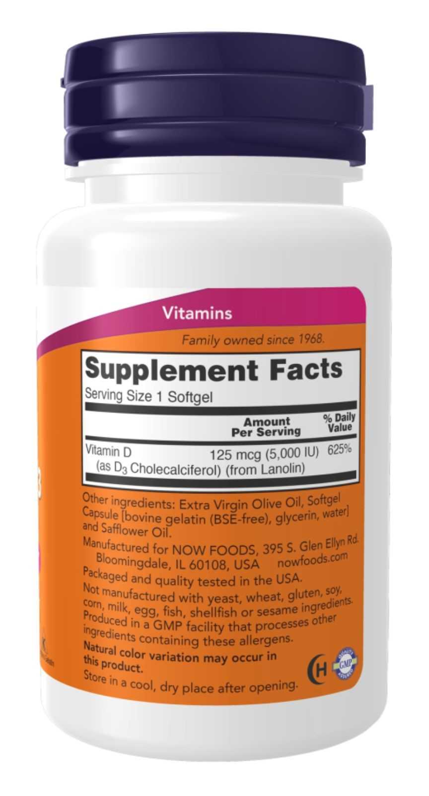 NOW Foods Vitamina D3 5000 UI 240 cápsulas gelatinosas