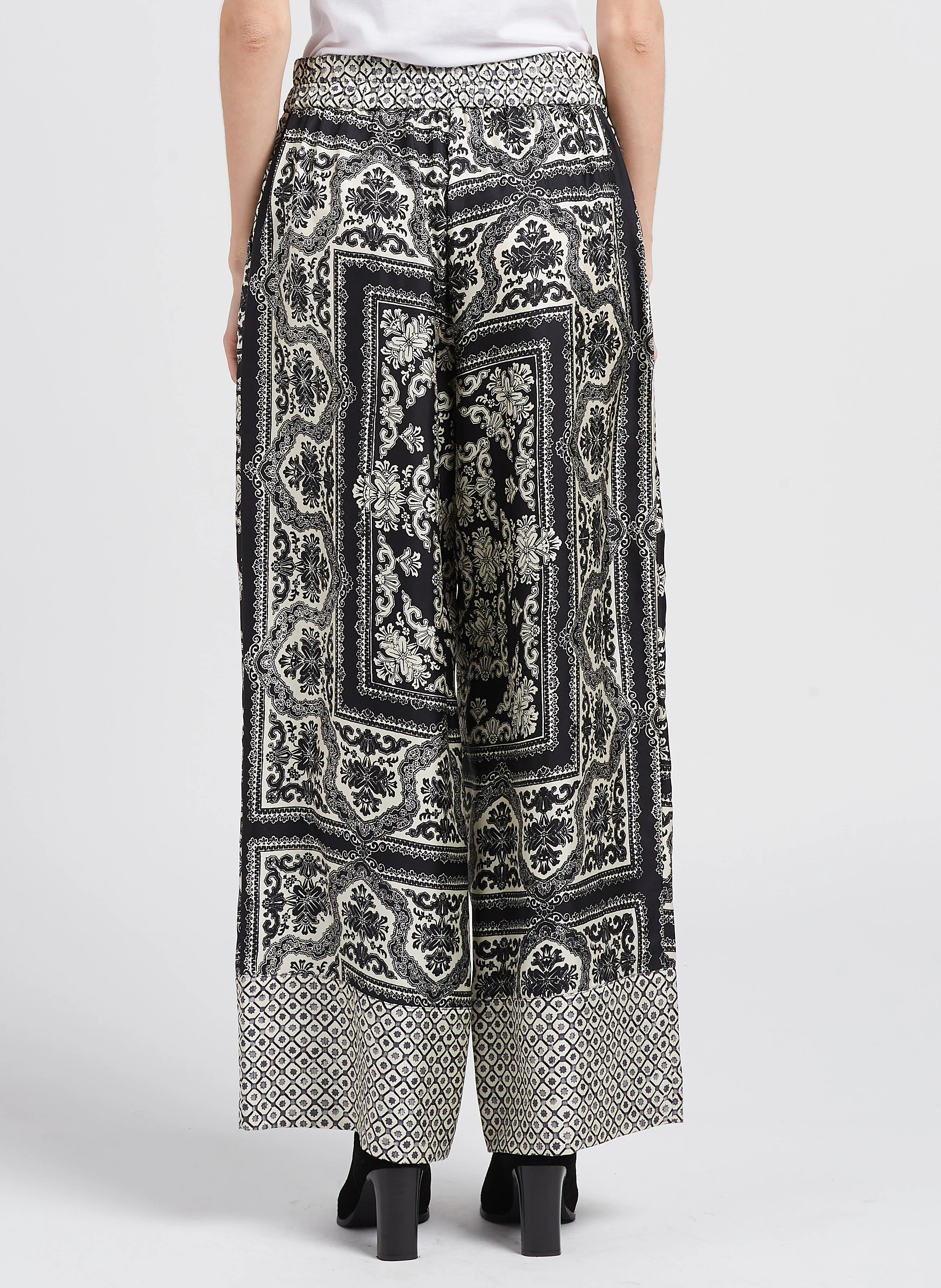 CAMILLE BIS - Pantalon large imprimé en soie| Blanc