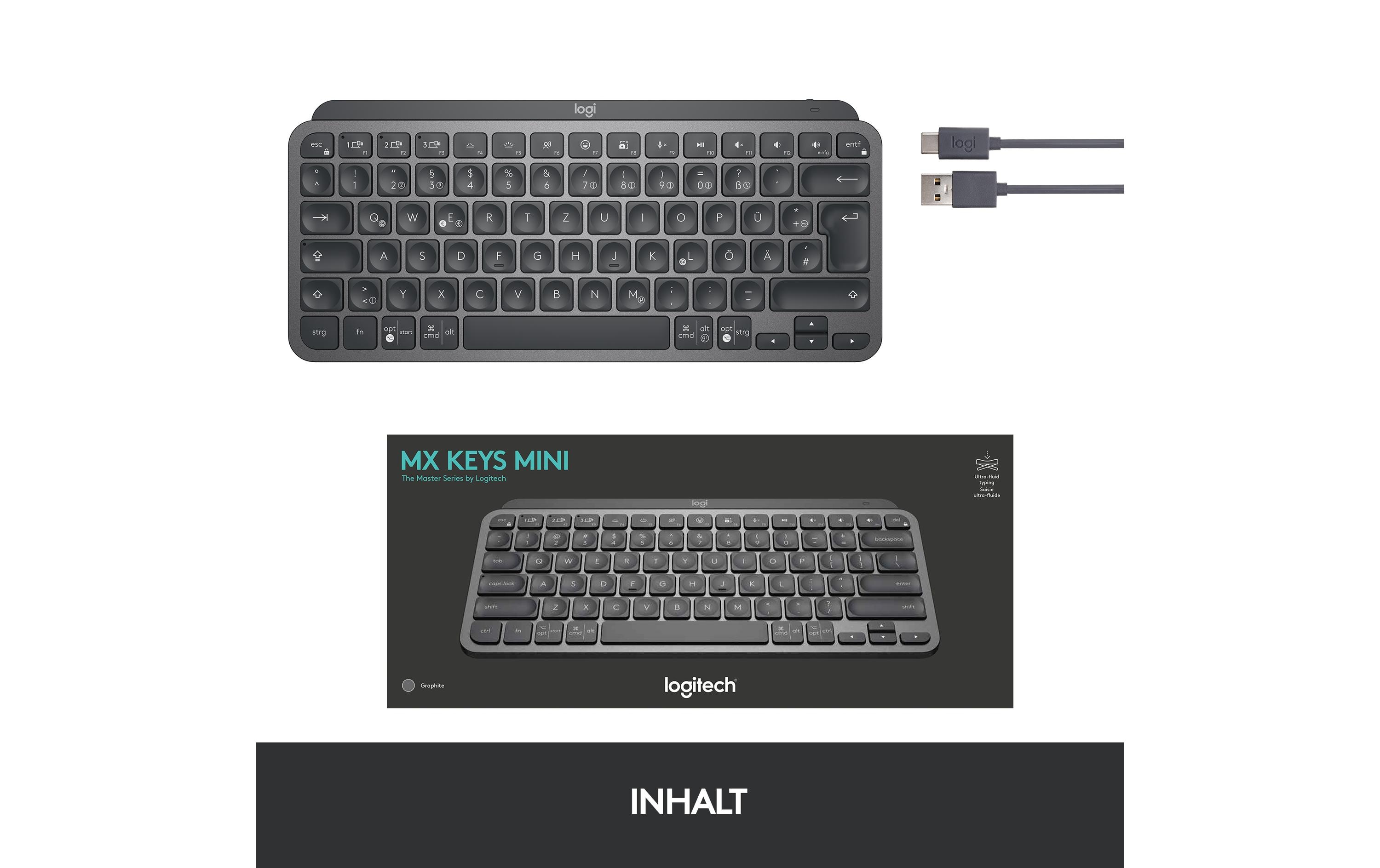 Tastatur MX Keys Mini Graphite CH-Layout<br>Minimalistische kabellose Tastatur mit Tastenbeleuchtung