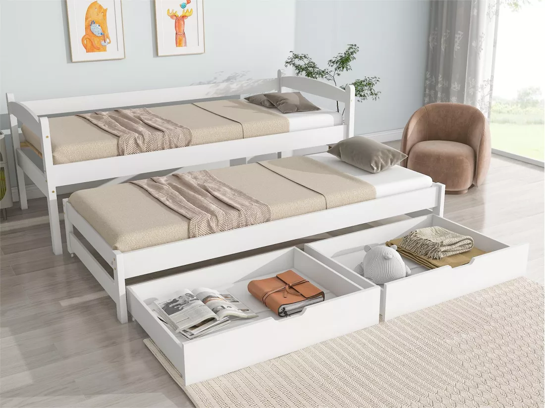 Lit gigogne avec 2 tiroirs - 200x90cm & 190x90cm - bois massif - blanc