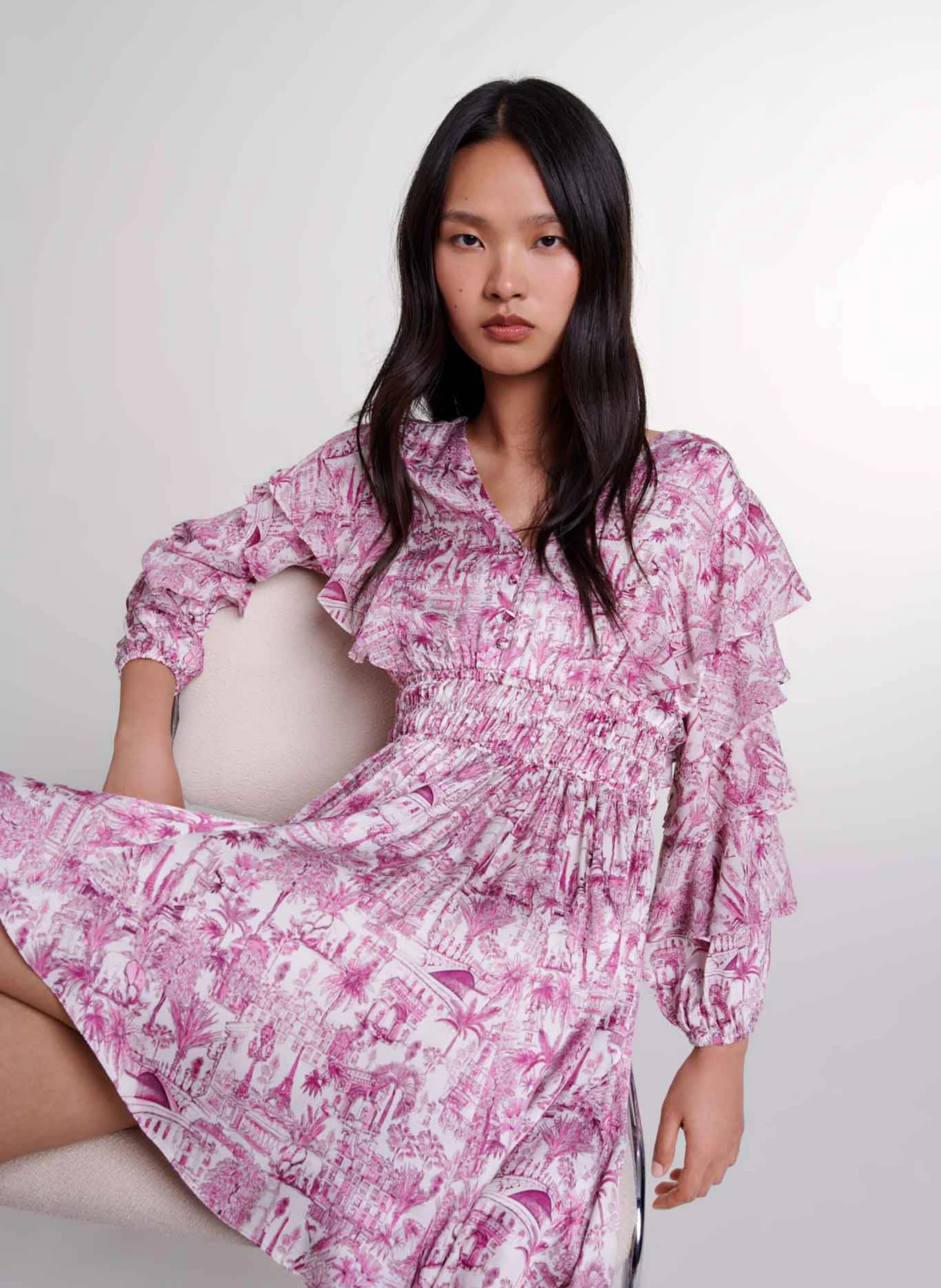Robe courte col V imprimée | Rose