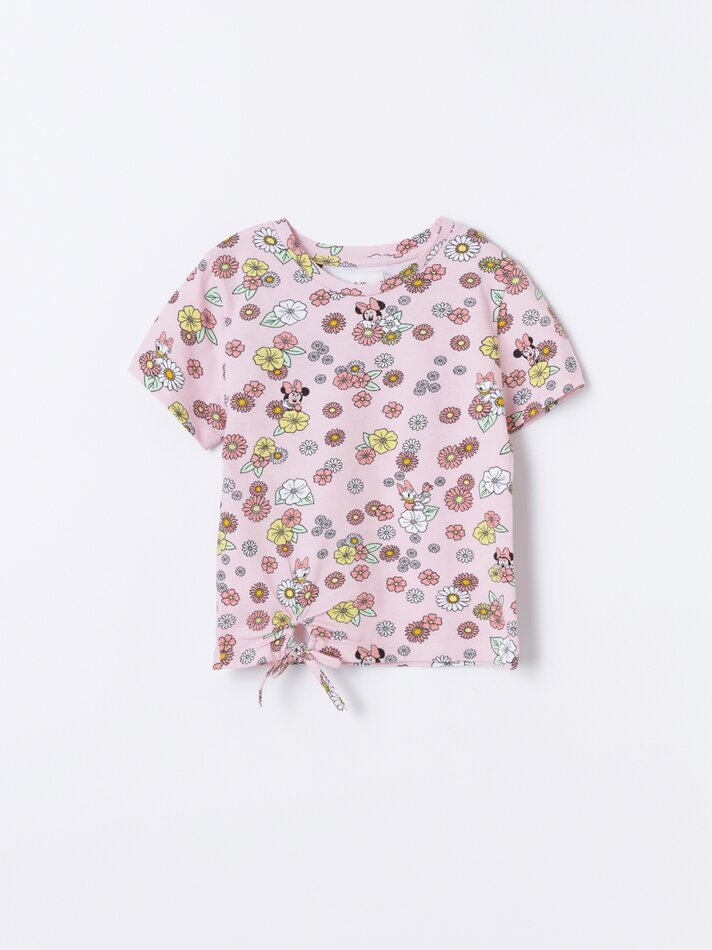 Camiseta Minnie Mouse com nó ©DS - Rosa Fluorescente