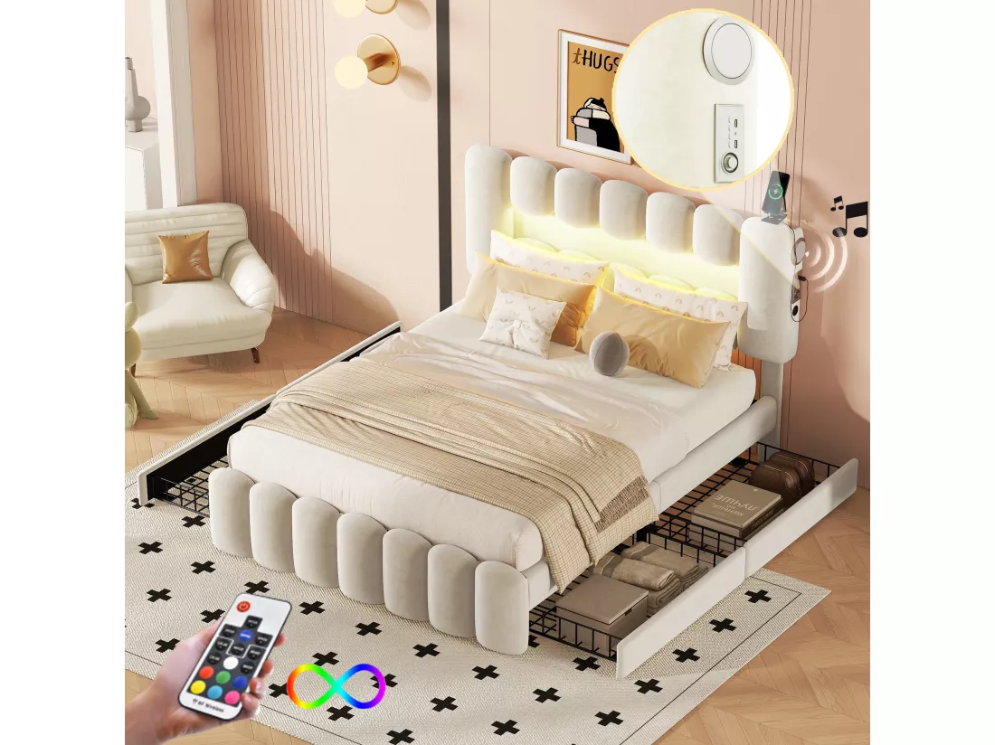 Lit capitonné 140 x 200, lit capitonné avec 4 tiroirs, lit capitonné avec bande lumineuse LED avec USB et stéréo, blanc