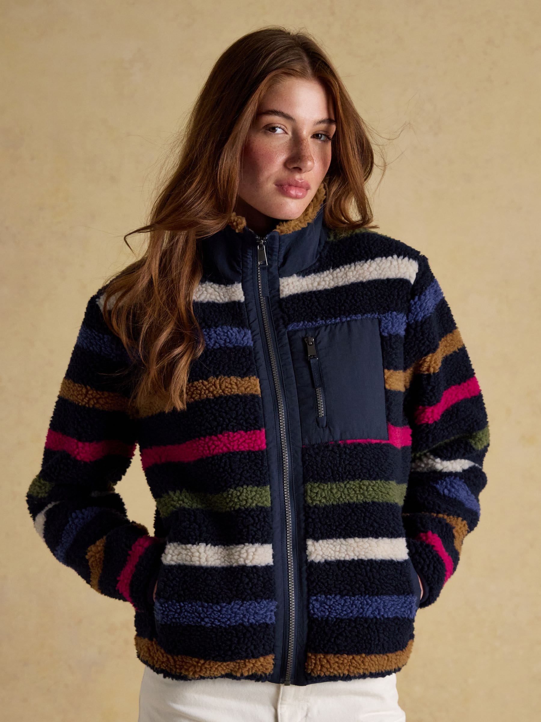 Marineblauw met meerdere strepen - Joules Lottie borg fleece met ritssluiting