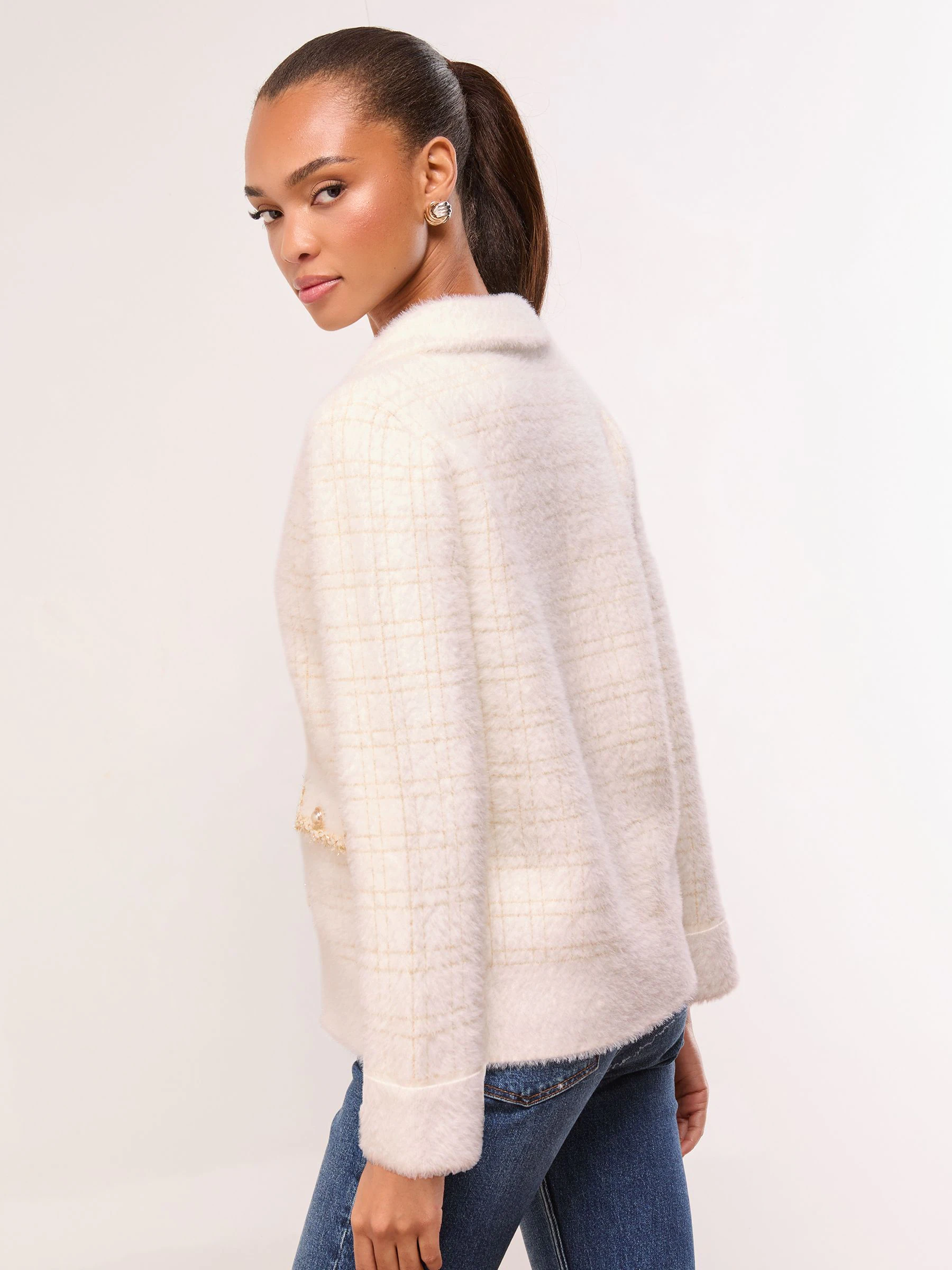 Lipsy Check Brushed Eyelash Collared Knitted Cardigan Jacket