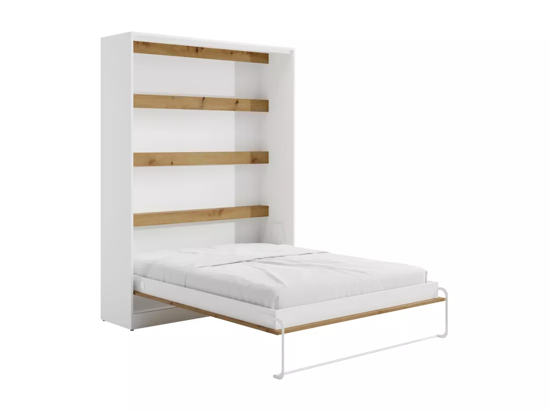 Lit escamotable 160 x 200 cm - Ouverture verticale manuelle - Avec LEDs - Blanc et naturel - RAPILI