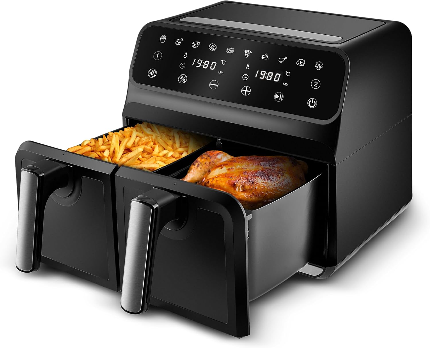 Karaca Multifry XXXL 4+4 Liter Digital Twin Twin Airfryer - Gesündere und Köstliche Zubereitung von Mahlzeiten für die Ganze Familie - 1700 W Leistung und 360-Grad-Luftzirkulationstechnologie