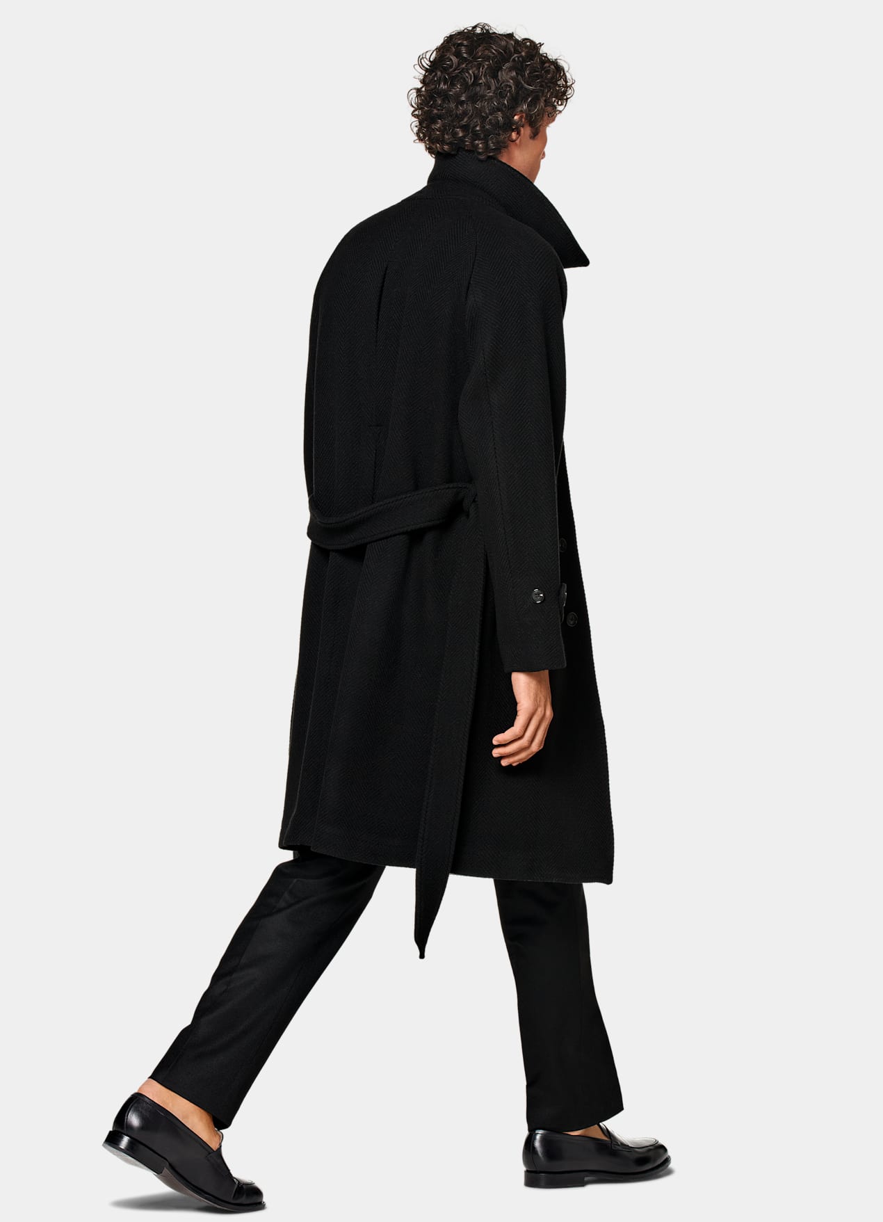 Manteau ceinturé noir à chevrons