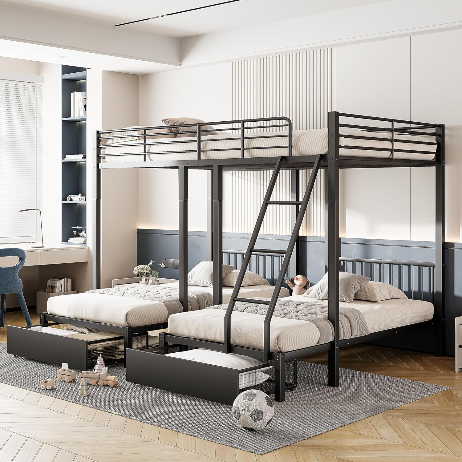 Soweiz Dreifaches Etagenbett mit Schubladen, Metallbettrahmen, umwandelbar in 140 x 200 Doppelbett und Zwei 90 x 200 Einzelbetten, multifunktionales Metallrahmenbett (Schwarz)