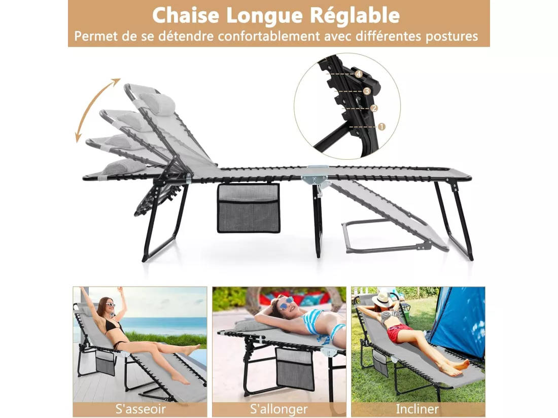 Chaise Longue Pliante avec Appuie-tête Amovible Dossier Réglable à 4 Positions Acier Antirouille pour CamBoisg Terrasse, Bleu