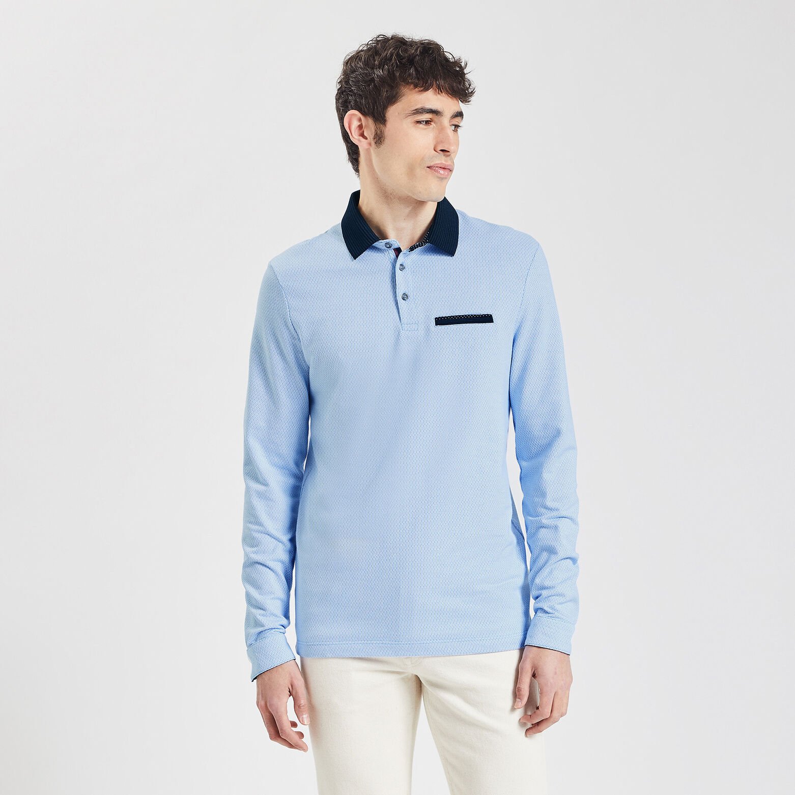 Polo manches longues jacquard à col fantaisie Bleu moyen