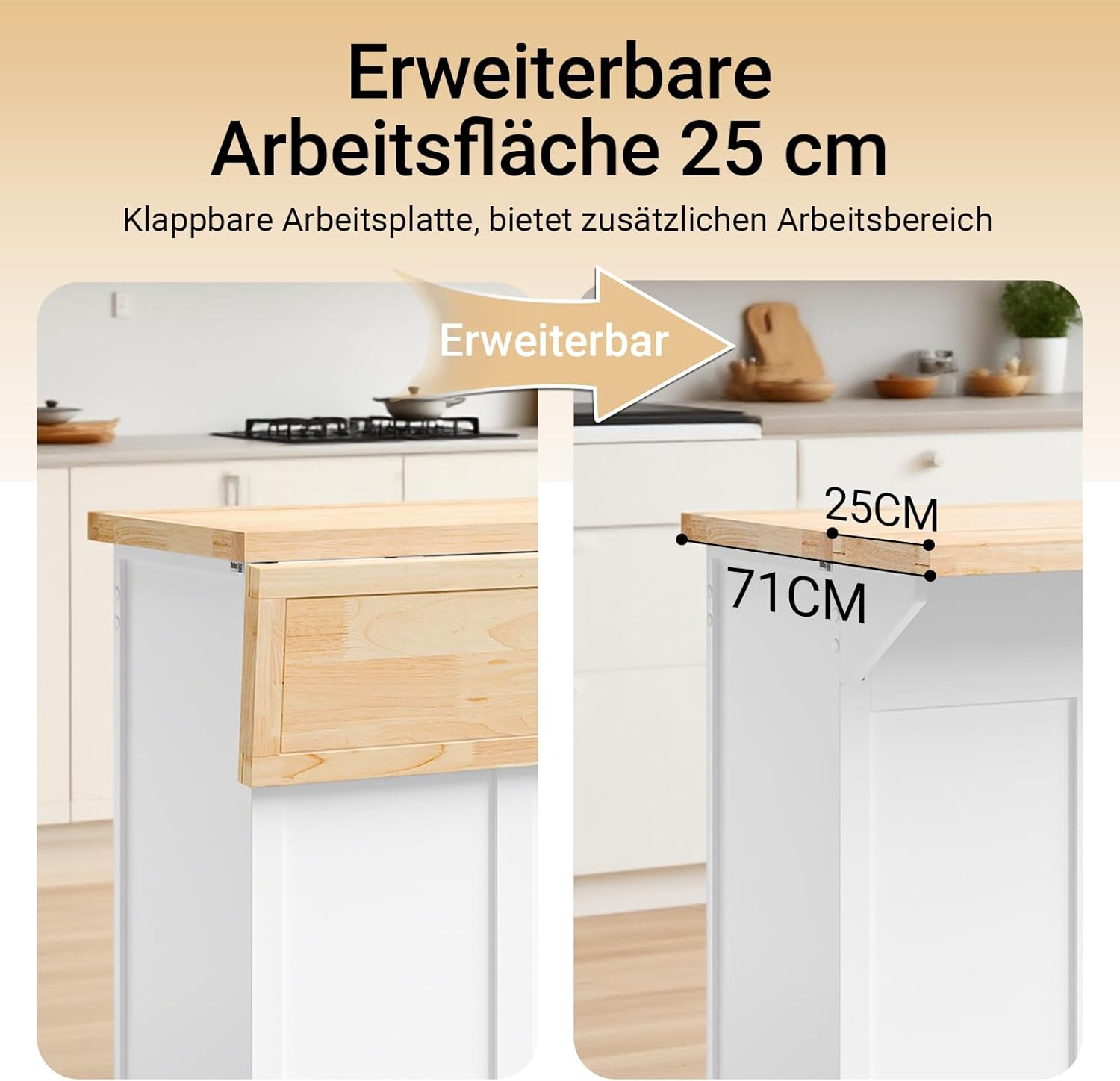SoBuy Kücheninsel auf Rollen Servierwagen mit Rollen Küchenwagen mit ausziehbarer Arbeitsplatte Rollwagen mit Schubladen Barwagen für Küche, Esszimmer Weiß 115x92x(46-71) cm FKW71-II-WN