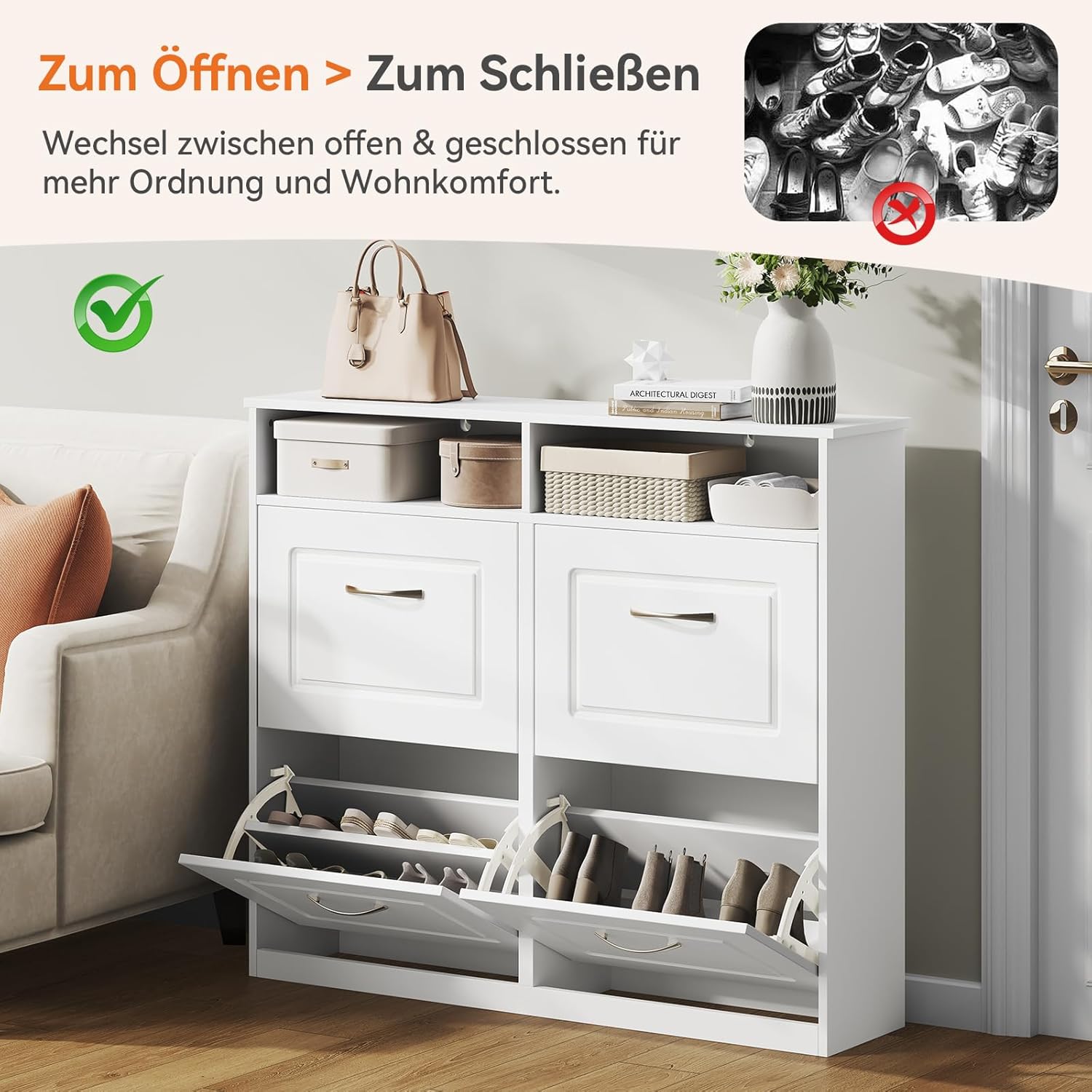 Sweetcrispy Schuhschrank mit 4 Klappen, schmaler Schuhkipper mit offenen Ablagefächern, verstellbare Trennwände, platzsparend für Flur/Diele/Eingang, 104 x 90 x 24 cm, Weiß