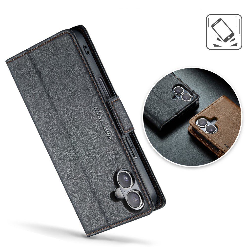 iPhone 16 Leder Tasche Flip Wallet Etui mit Kartenfächern Litchi Look (RFID Schutz) - Schwarz