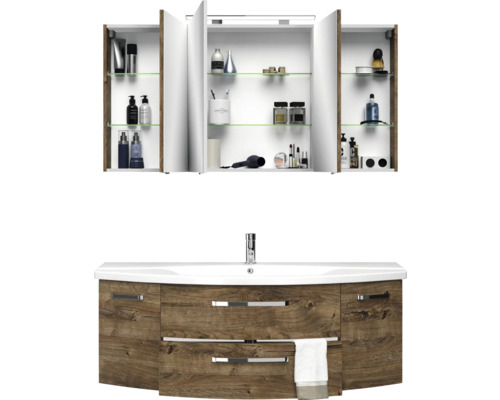 3-delige badkamermeubelset Pelipal xpressline 4010 BxHxD 144 x 200 x 49,5 cm, frontkleur eiken ribbeck, met keramische wastafel in wit en keramische wastafel, wastafelmeubel, spiegelkast met LED-verlichting, greep chroom hoogglans 4010.1400169 401014