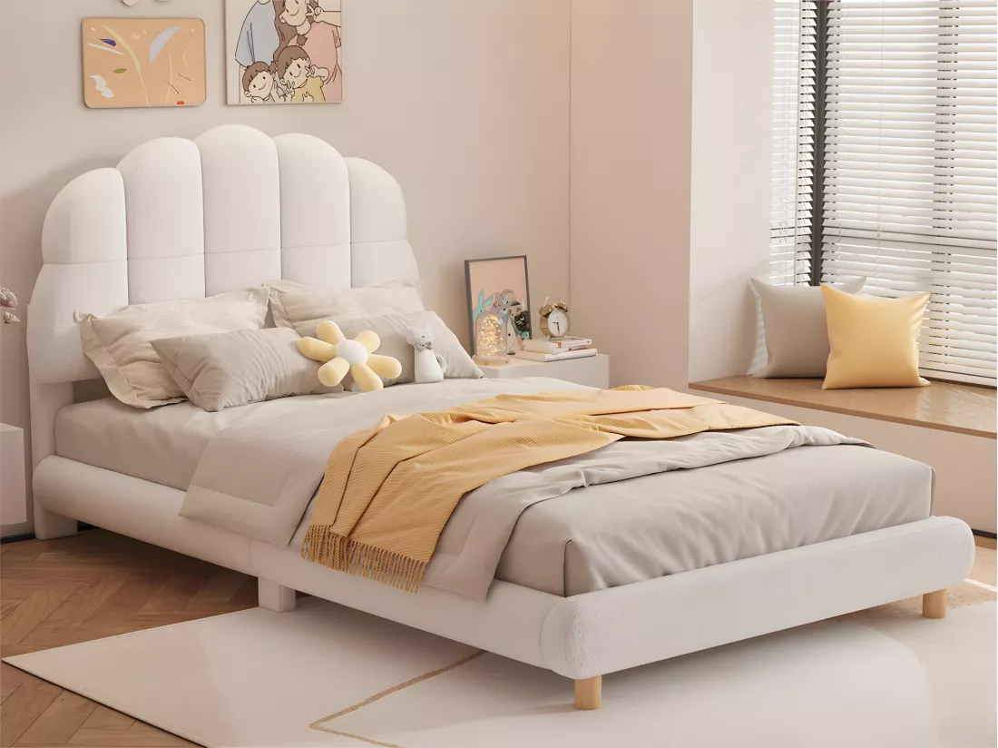 Lit enfant simple 90x200cm rembourré en tissu peluche - avec sommier à lattes en MDF - Beige
