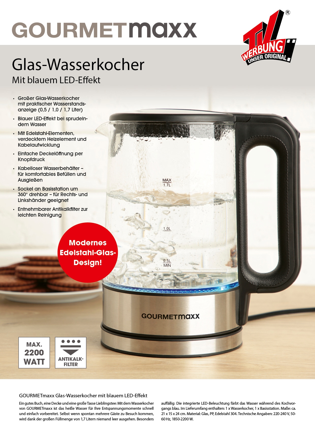 GOURMETmaxx Glas-Wasserkocher LED 1,7l 2200W